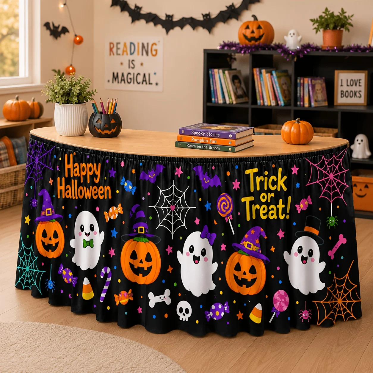 1 tablecloth table skirt, black background, cute cartoon Halloween table skirt, jack-o-lantern, pumpkin, witch hat, bat.