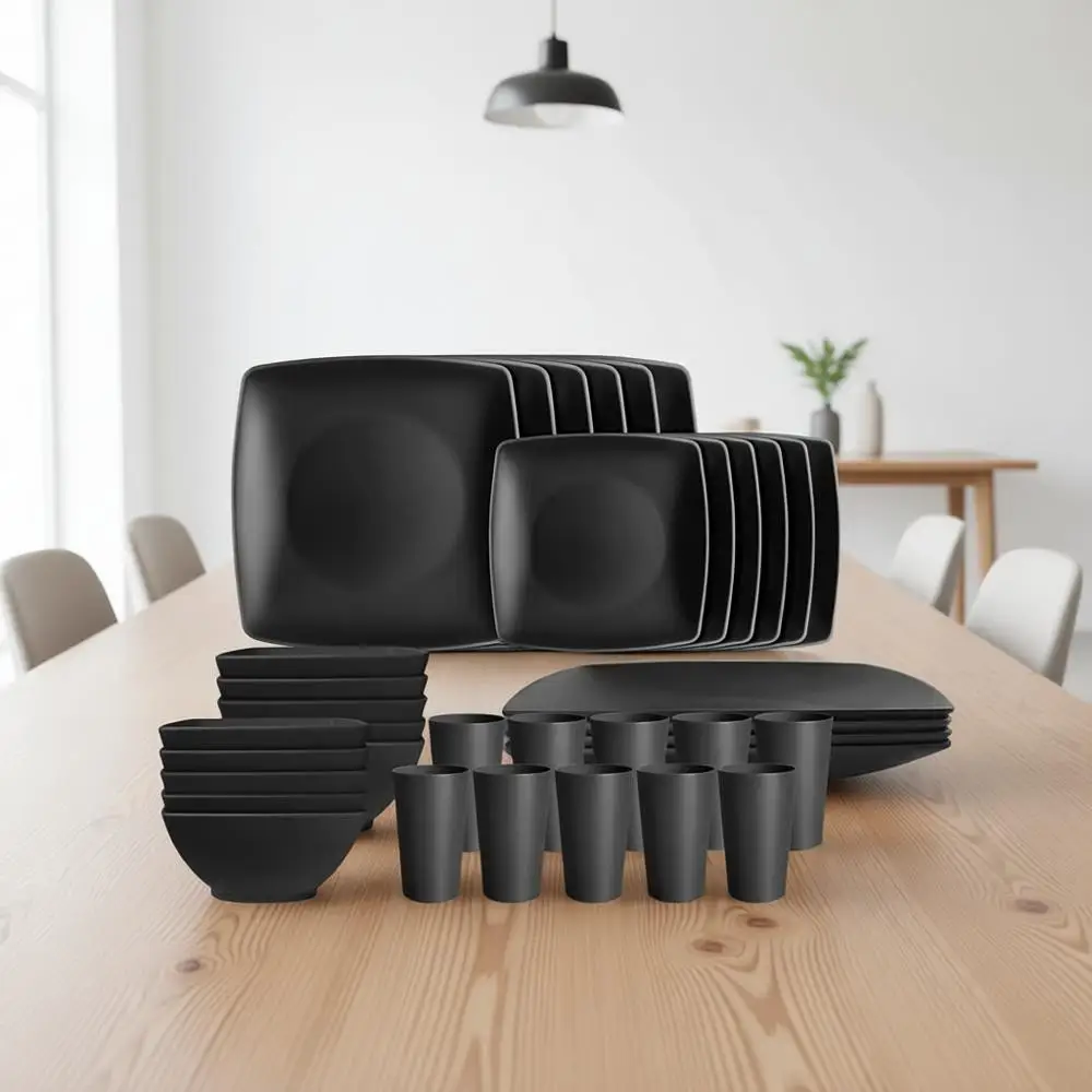 

40-Piece Plastic Dinnerware Set, Service for 10, Unbreakable Plates, Salad Plates, Snack Bowls, Tumblers 13.5 oz, Dishwasher Saf