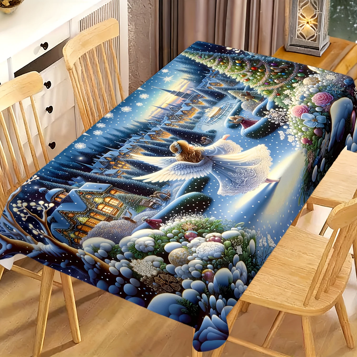 1pc 2D Flat tablecloth, Angel, Christmas Tree & Dreamy Snow Town Printed Rectangle Tablecloth, Decor for Dining Table