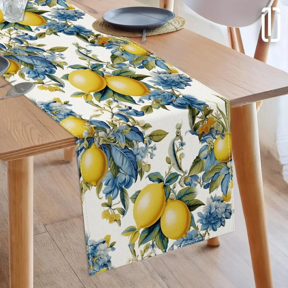 Vintage Watercolor Lemon Table Runner, Blue Hydrangea Foliage Tropical Fruit Pattern, Wrinkle‑Resistant Linen‑Like Table Scarf,