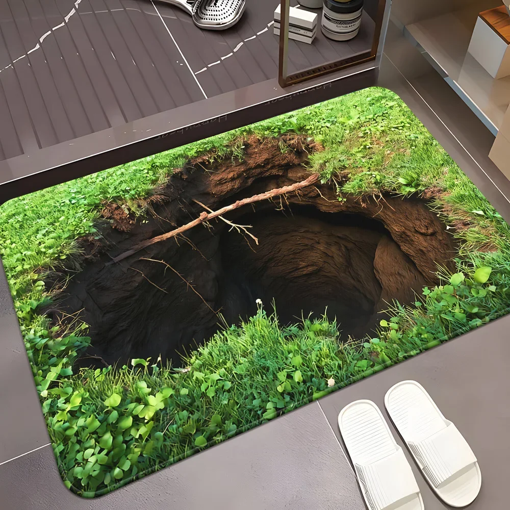1pc Hole‑In‑Grass Visual Illusion Area Rug, Non‑Slip Absorbent Machine‑Washable Polyester Mat for Bathroom, Bedroom