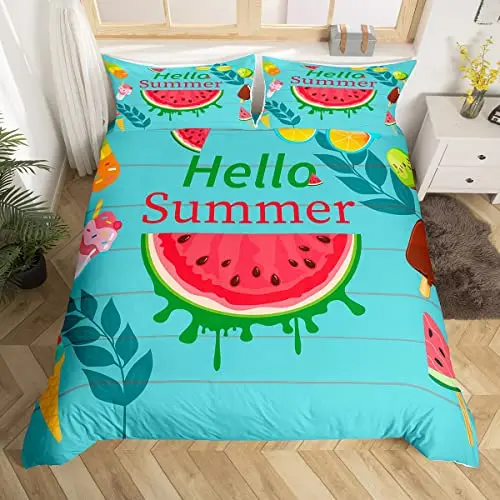 Hello Summer Duvet Cover Set Watercolor Watermelon Fruits Bedding Set Summer Holiday Theme Blue Rustic Cabin Comforter Cover