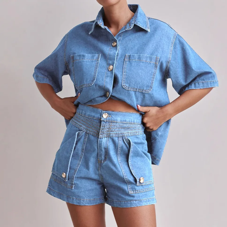 

Свободный джинсовый комплект: рубашка и шорты/брюки с высокой талией (7/8 или 9/10 длины), винтажный летний повседневный стиль для женщин, без бренда