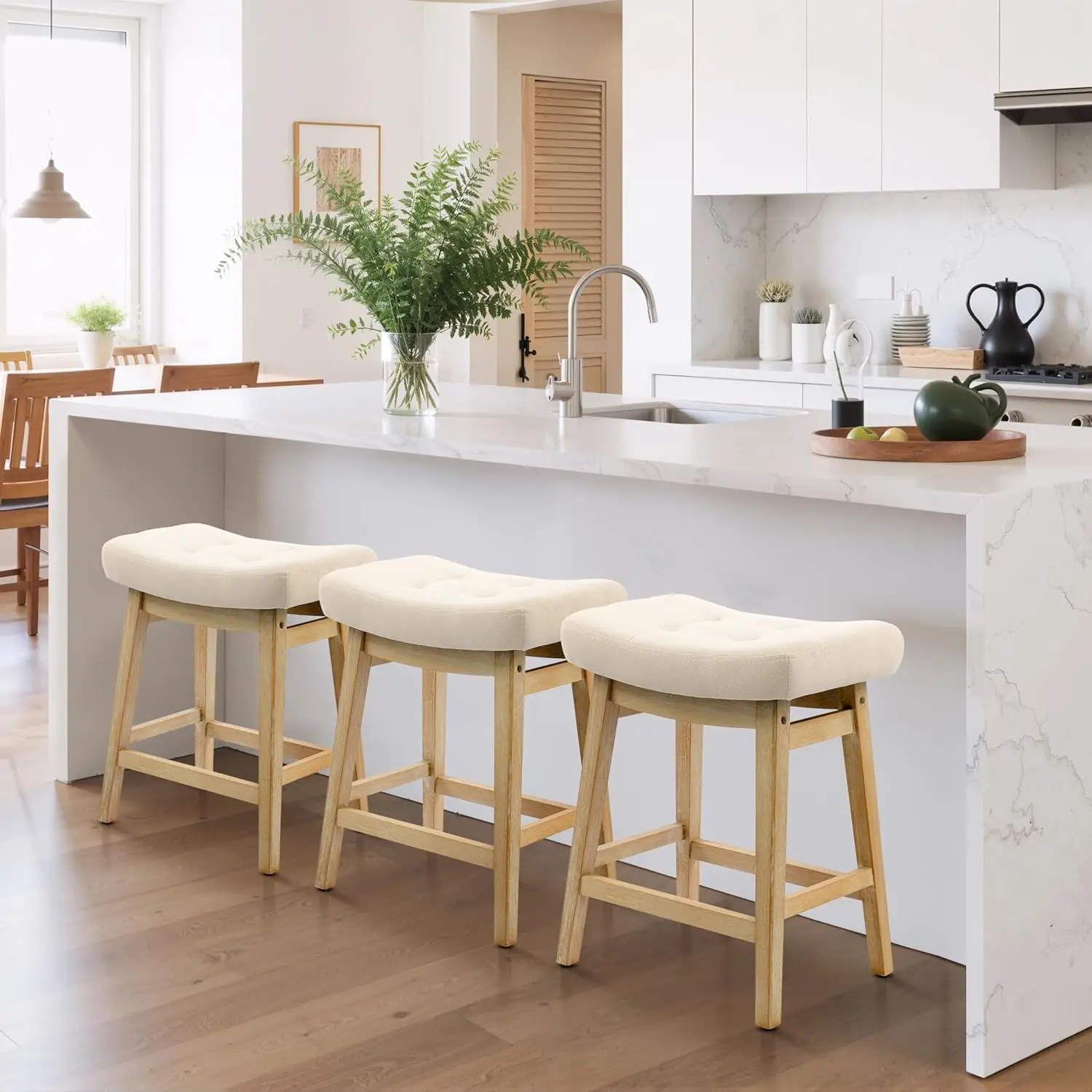 مجموعة مقاعد بار بارتفاع عداد مكونة من 3 قطع، مقاعد مطبخ حديثة للمزرعة مع ظهر منجد، أرجل خشبية صلبة، طول 24 بوصة، كاكي + Wo
