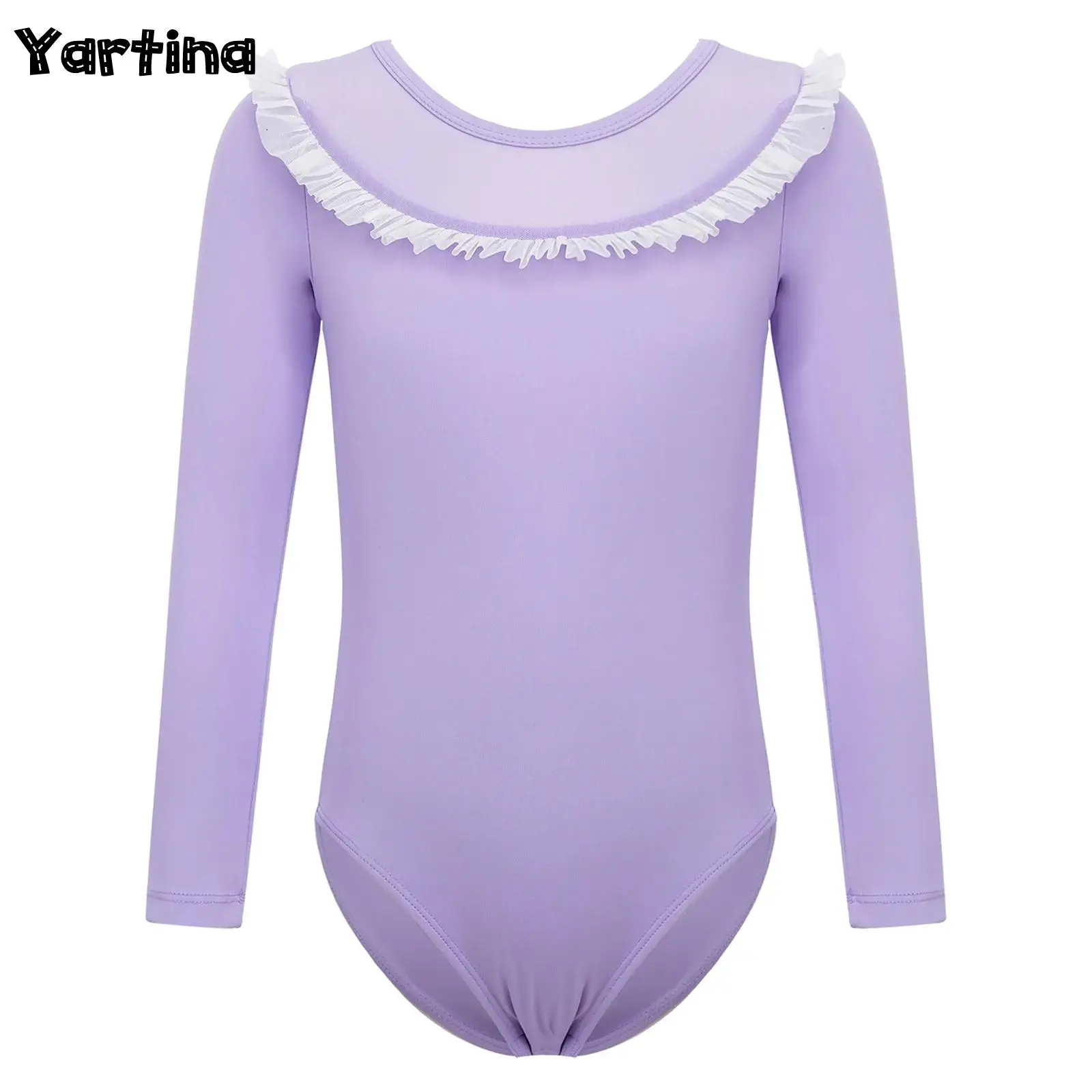 

Kids Girls Gymnastics Figure Skating Ballet Leotard Tulle Dance Performance Costume Frilly Sheer Mesh Long Sleeve Bodysuit