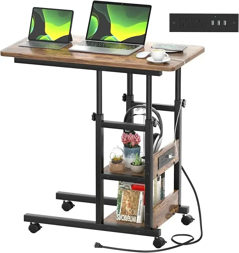 Height Adjustable C Shaped End Table with Charging Station, Mobile Laptop Side Table with USB Port and Wheels