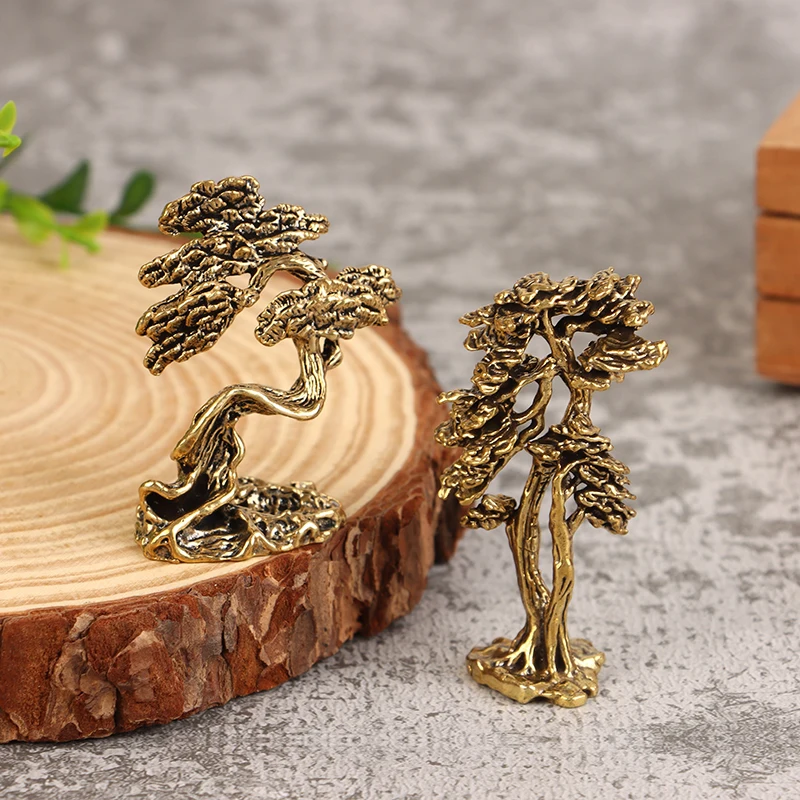1PC Brass Mini WeLcome Pine FiGurine Tree Miniature Landscape Small Bonsai Tree Statues Decorations Accessories