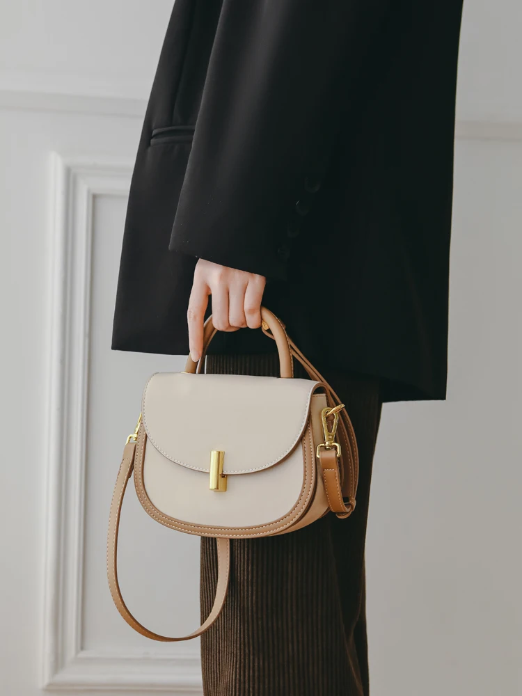 

Retro Color Block Women's Saddle Bag Crossbody Shoulder Bag Handbag Fashionable PU Leather Small Size Hard Surface Design
