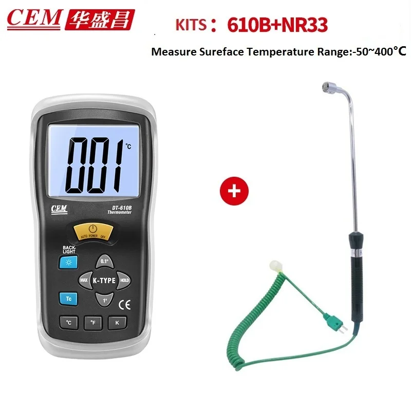 Termometro a termocoppia tipo K CEM DT-610B gamma-50 ~ 1300 °C con retroilluminazione e opzione sonde a termocoppia