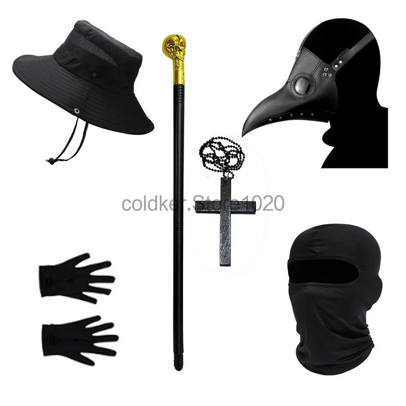 New Halloween Plague Doctor Cosplay Costume for Men Women Evil Black Hooded Robe Crow Beak Mask Adult Carnival Party Outfis view 6