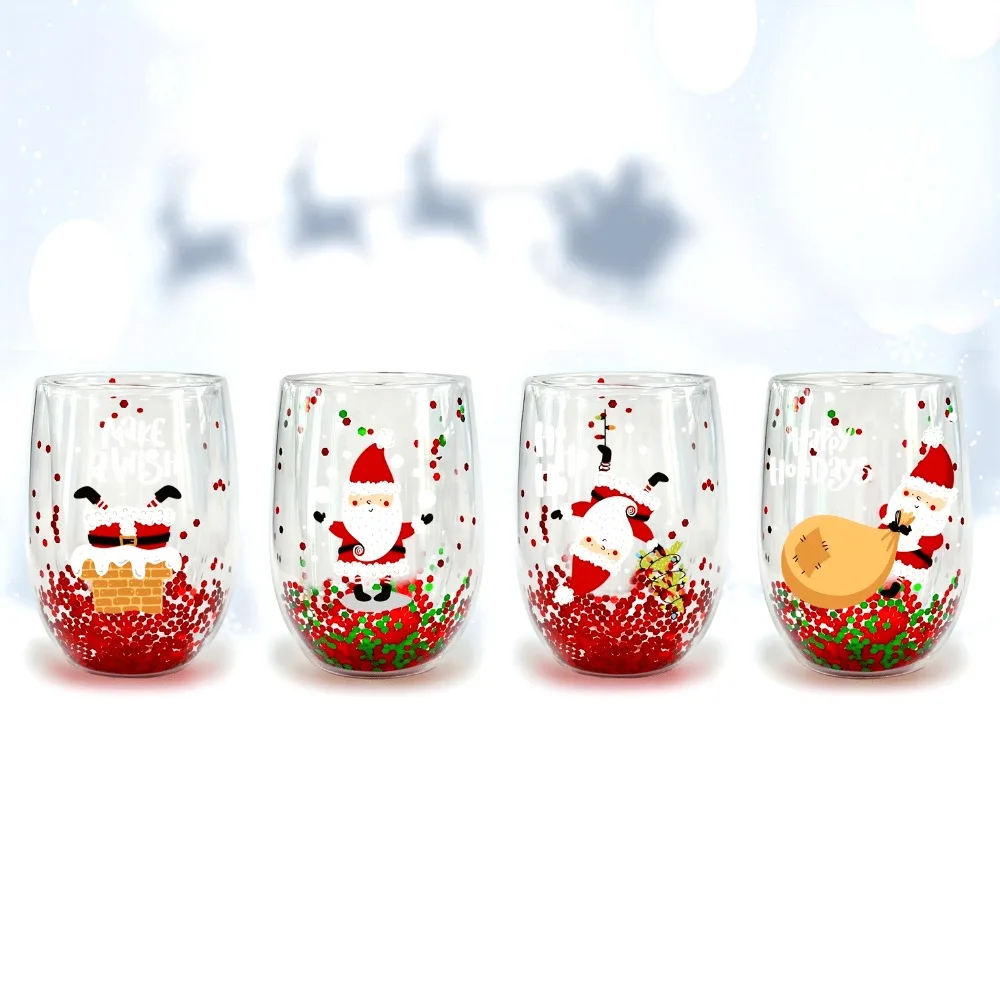 1/4 Stück Weihnachts-Kaffeetassen aus Glas, doppelt klar, Weihnachten, Urlaub, Weihnachtsmann, Tassen, Weihnachtsgeschenk für heiße Schokoladenmilch