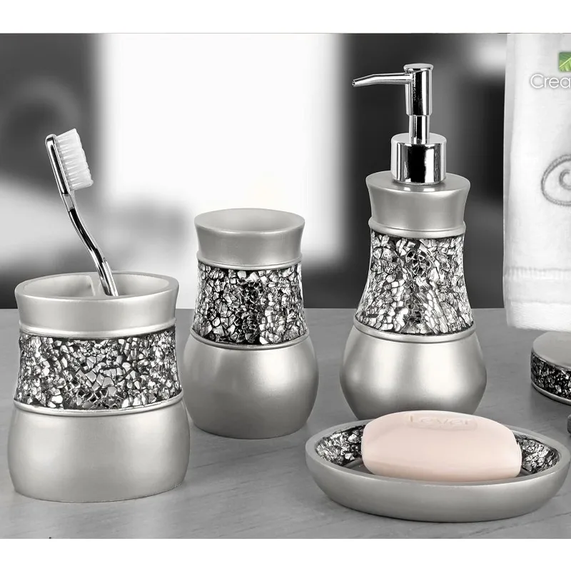 Crackled Glass Silver Bathroom Accessories Set - 4 Piece Bathroom Decor Set for Home, Bath Restroom Set Features Soap Dispenser