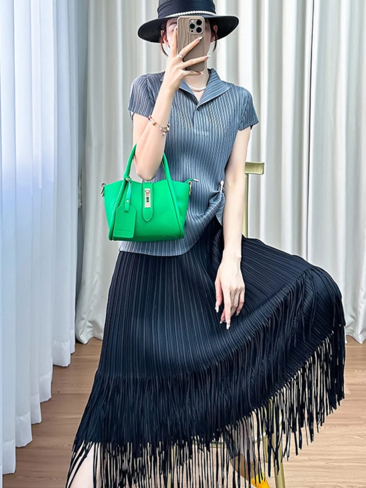 

Three-Quarter Sleeve Pleated Kimono Style Short Dress with Fringe Half Skirt by Sanza Art Creation Summer 2024 Collection