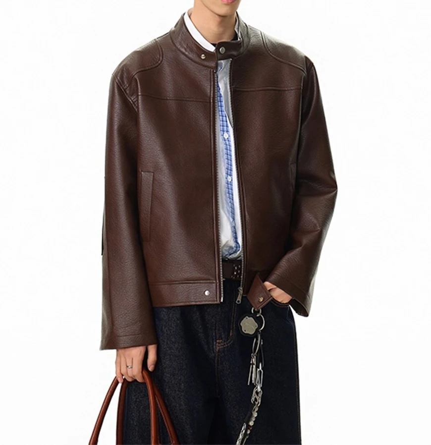 American Retro Locomotive Leather Jacket Men's 2026 Autumn New Stand-up Collar Simple Casual Coat