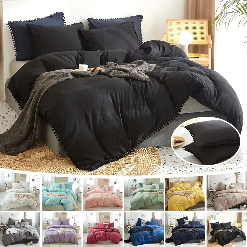2/3 Pieces/Set Soft Washed Duvet Cover with Pillowcase Bedding Set for Twin Full Queen King Size Cute Pom-pom Decoration