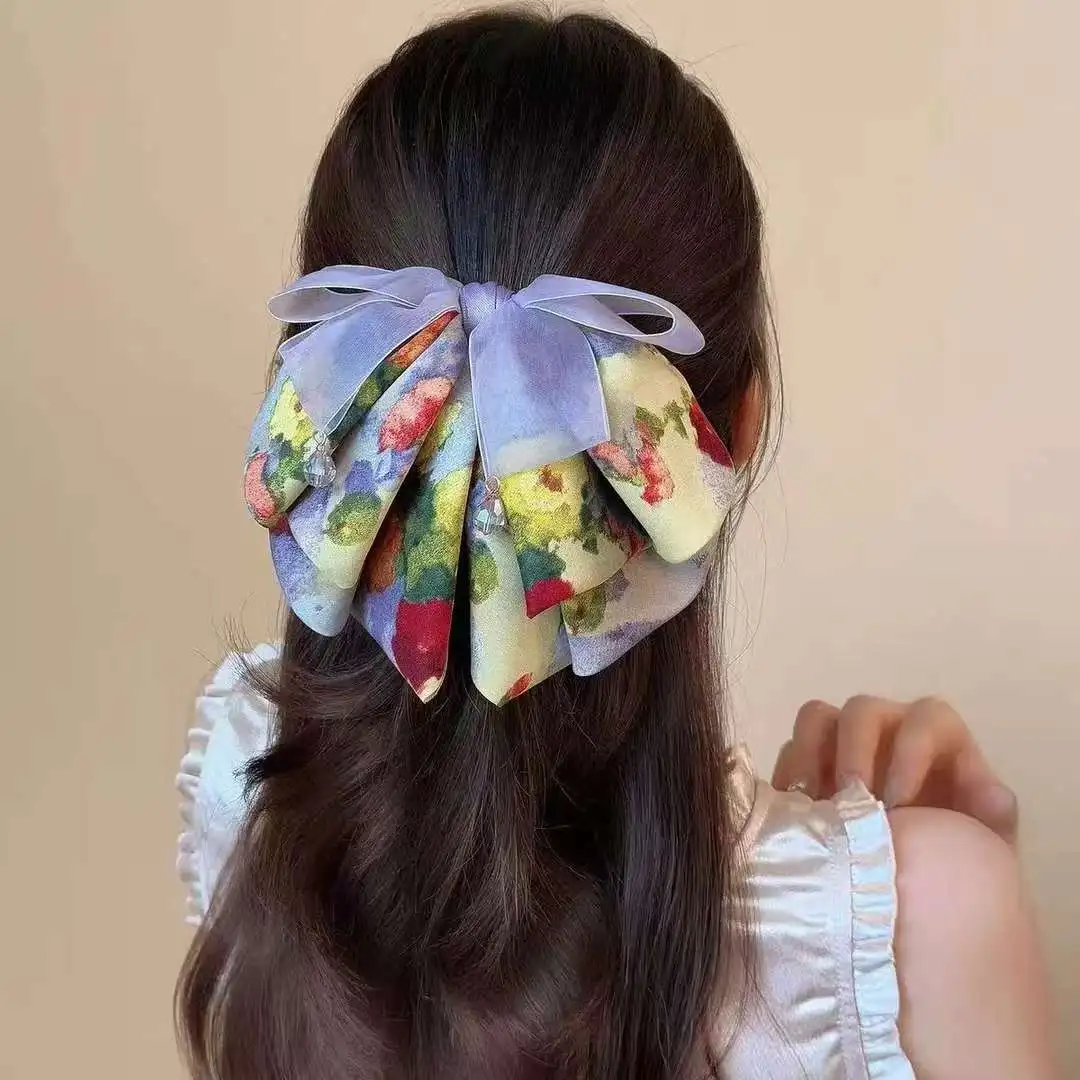 

Simple Colorful Oil Painting Style Bow Ponytail Clip High J-Sense Half-Tie Hair Grabber French Retro Hairpin Headwear For Women