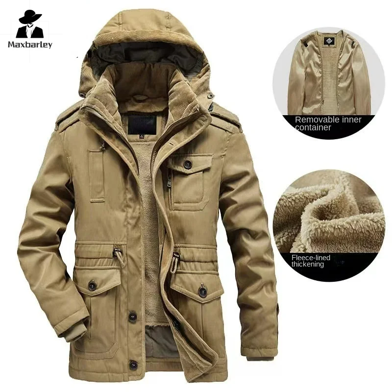 Parka de bolso múltiplo forrado com lã masculina, casaco de veludo com capuz, jaqueta destacável, roupa quente grossa, alta qualidade, inverno, novo