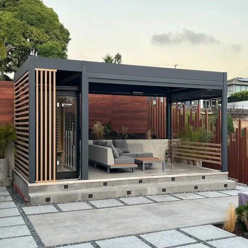 Retractable Aluminum Louvered Pergola Motorized Electric Garden Pavilion with Remote Control, Multiple Shading Scenarios