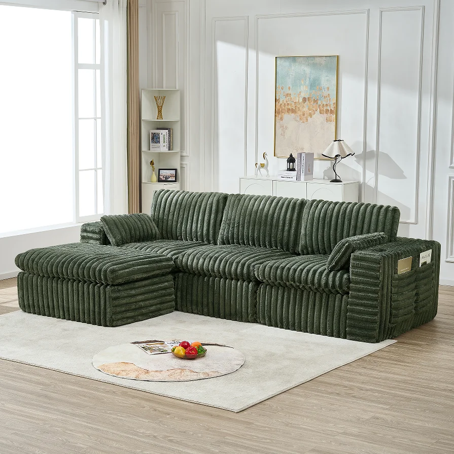 ！@Light Luxury Modern Ribbed Flannelette Upholstered Corner Modular Sectional Sofa Ottoman-Green 3 Seater Eco-Friendly Living Ro