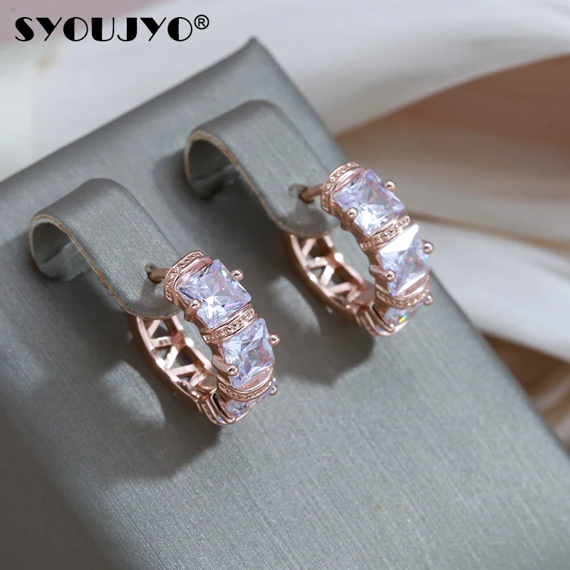 

SYOUJYO Sparking Square Natural Zircon Hoop Earrings for Women 585 Rose Gold Color Elegant Jewelry Easy Matching Daily Earring