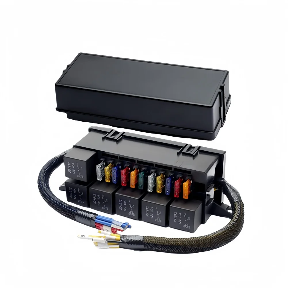 Car Fuse Box 11 Slot with 6 Pre Installed Relays for Secure Wiring in Vehicles Plastic Design 18.7x6.9x8.2cm Car