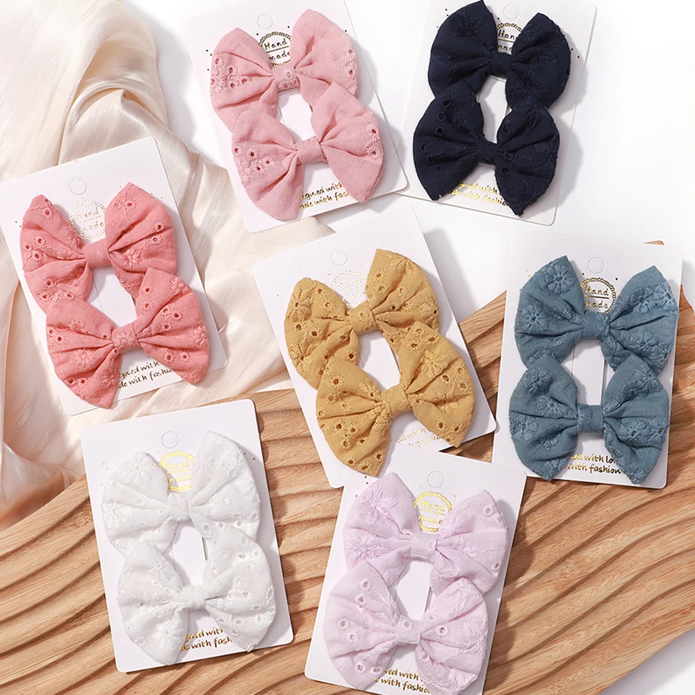 2pcs/set Embroidery Bows Hair Clips Solid Hairpins for Girls Handmade Cotton Barrettes Kids Butterfly Hair Pin Korean Headwear