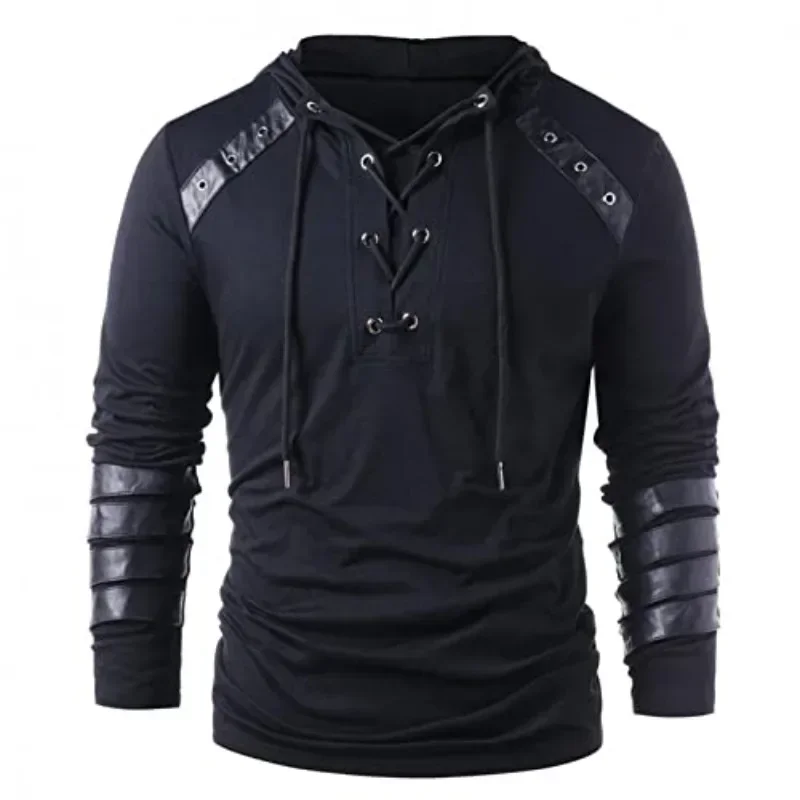 TPJB New Gothic Hoodies for Men Steampunk Lace Up Long Sleeve Pullover Sweatshirt Medieval Retro Bandage Jumper Hoodie Tops