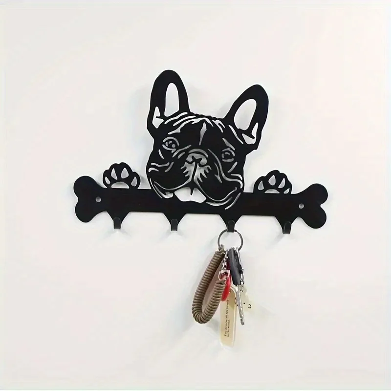 2D French Bulldog-Shaped Key Holder And Coat Rack -  Powder-Coated Iron Wall-Mounted Entry Storage Rack with Paw Print Design