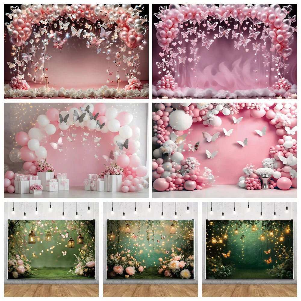 

Pink Butterfly Balloons Happy Birthday Decor Photography Backdrop Newborn Baby 1st Birthday Girl Boy Cake Smash Photo Background