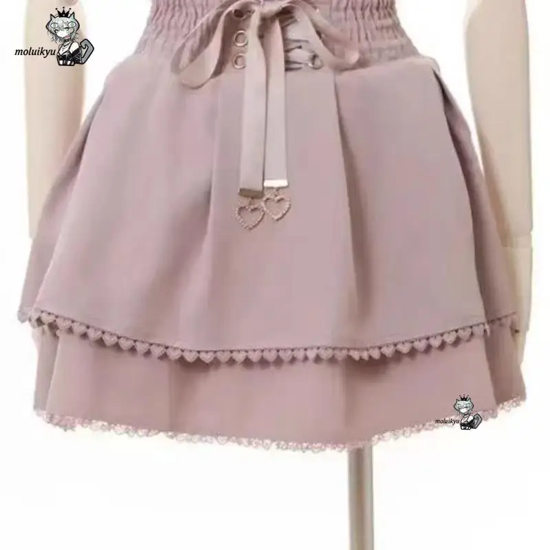 Saia Feminina Mini Estilo Bolo Kawaii Japonesa, Jupe Fairy Bandage Lolita, Cintura Alta, Estética Y2K, Renda Doce, Gótica, JK Falda