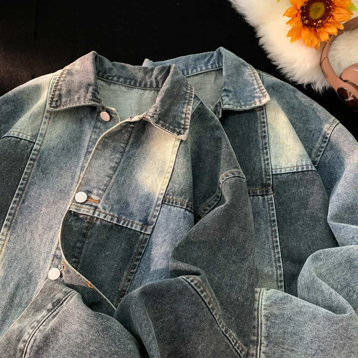 

Trendy Men's Denim Jaet High-End Feel Cool Collar Splice Spring Autumn American Sle Casual Upper Apparel