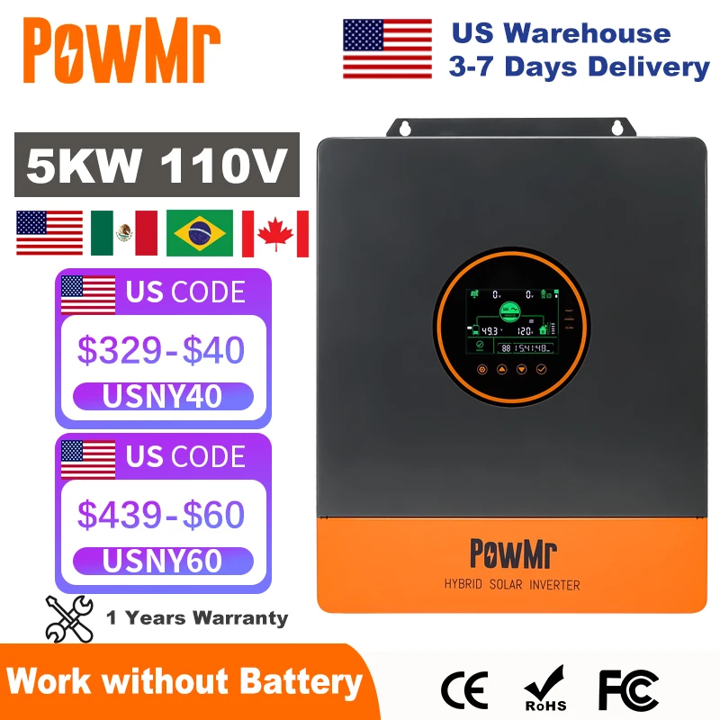 

PowMr 5KW Split Phase Inverter 110V 48V On Grid Off Grid Pure Sine Wave Hybrid Solar Inverter with MPPT 100A Battery Charger