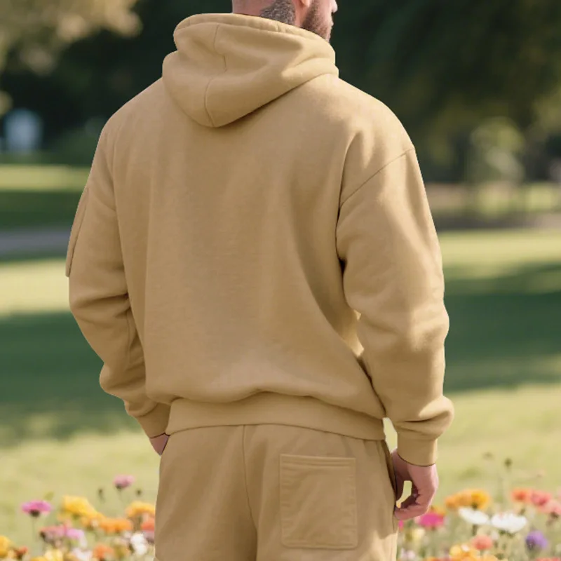 メンズフリース裏地付きフード付きスウェットセット スポーティカジュアル トレンドブランド 無地スウェットパンツ 秋冬 2025