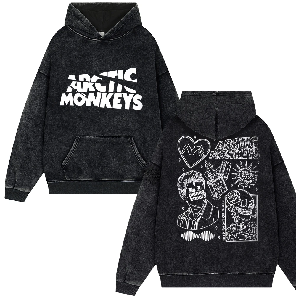 Retro Rock Arctic Monkeys Tour Music Album Vintage Washed Hoodies Men Oversize Pullover Y2k Hip Hop Sweatshirt Trend Streetwear