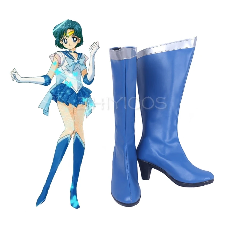 New Anime Mizuno Ami Mercury Cosplay Shoes Knee Length PU Leather Cosplay Boots Blue High Heels Zipper-up Women Halloween Shoes