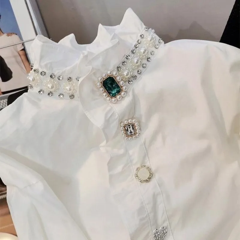 2024 New Women Shirt Top White Auricular Edge Bright Diamond Bottom Shirt Dressing