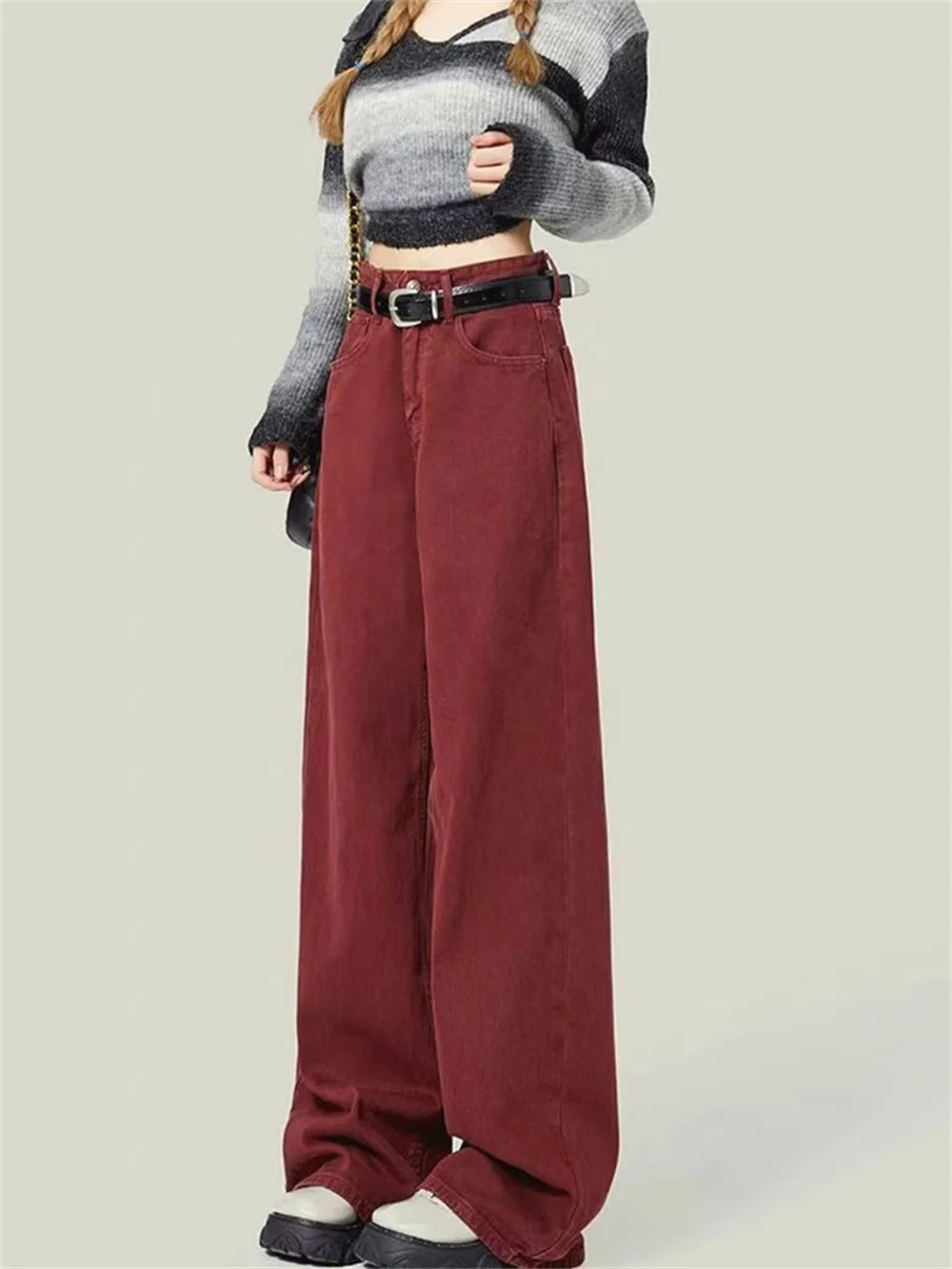 

Women Casual Denim Pants 2025 Autumn New High Waist Straight Wide Leg Banana Pants Ankola Red Clothing Y2k Vintage Baggy Jeans