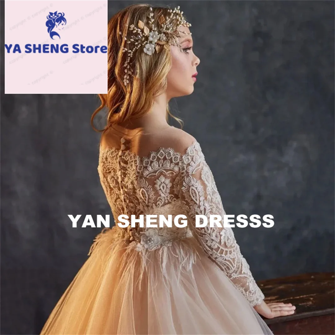 فساتين فتاة الزهور المخصصة بنمط أبيض شامبانيا مزينة بأكمام طويلة لحفلات الزفاف وأعياد الميلاد وحفلات الأميرة