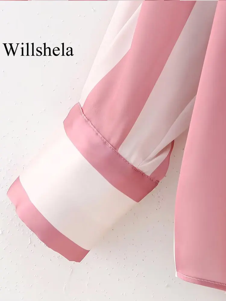 Willshela Women Fashion Satin Striped Single Breasted Loose Blouse Vintage Lapel Neck Long Sleeves Female Chic Lady Shirts