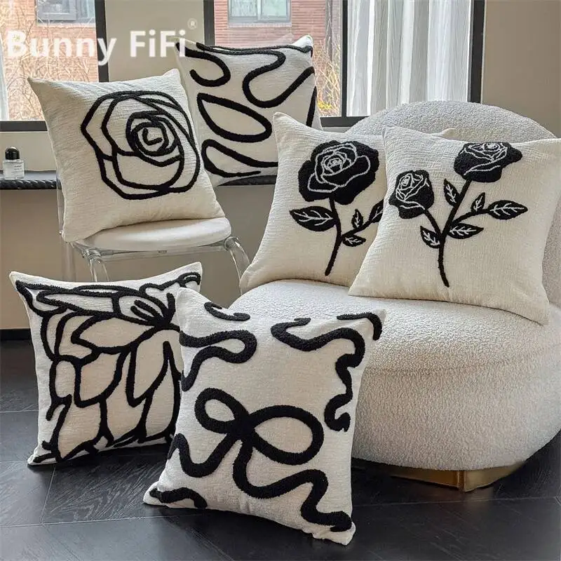 Black And White Embroidered Rose Pattern Cushion Covers Luxury Chenille Decorative Throw Pillow Cases For Sofa Bed Home Decor
