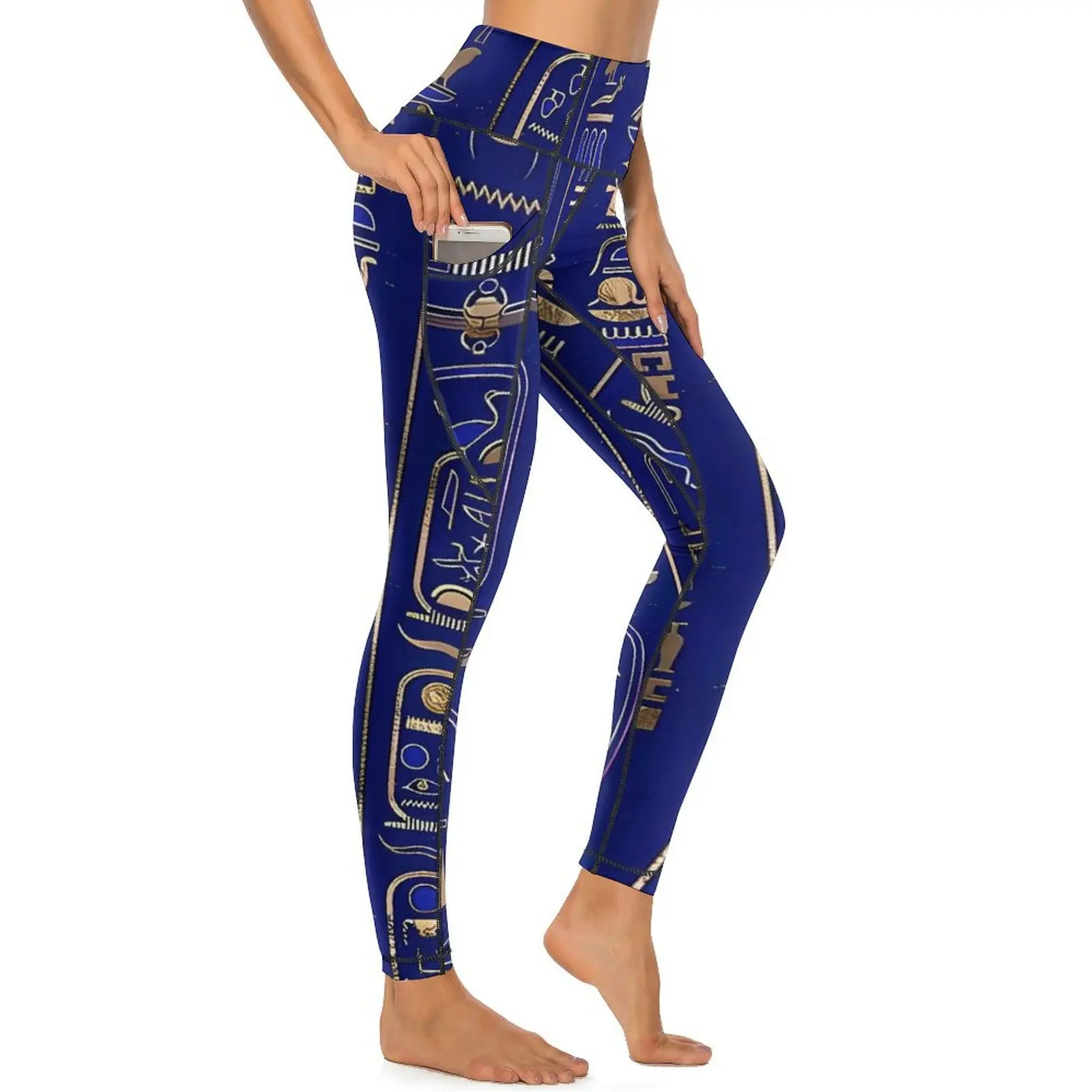 

Ancient Egyptian Art Hieroglyphs Gold Yoga Pants Leggings Sexy High Waist Yoga Sports Tights Elastic Graphic Workout Leggins