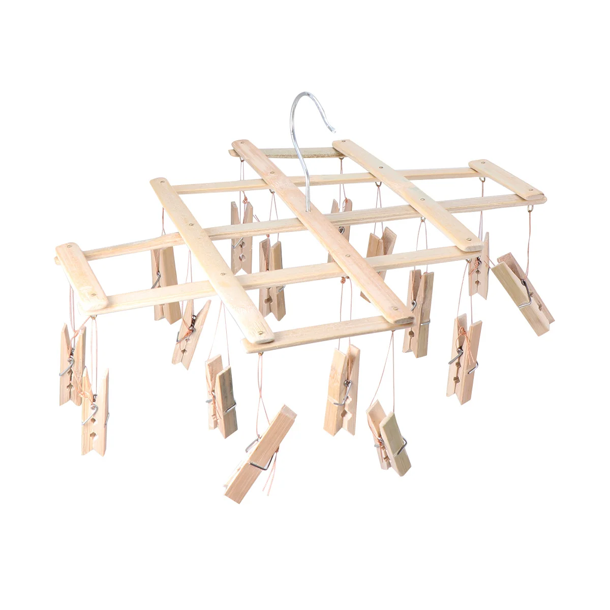 Bamboo Sock Drying Rack 16 Pegs with Swivel Hooks Windproof Clothespin Hangers Multifunction Foldable Wooden Child Baby Skirt