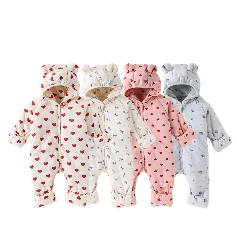 Baby Winter Cotton-padded Hooded One-piece Suit Pure Cotton Thickened Warm Crawling Suit Clothes for Boys and Girls Romper
