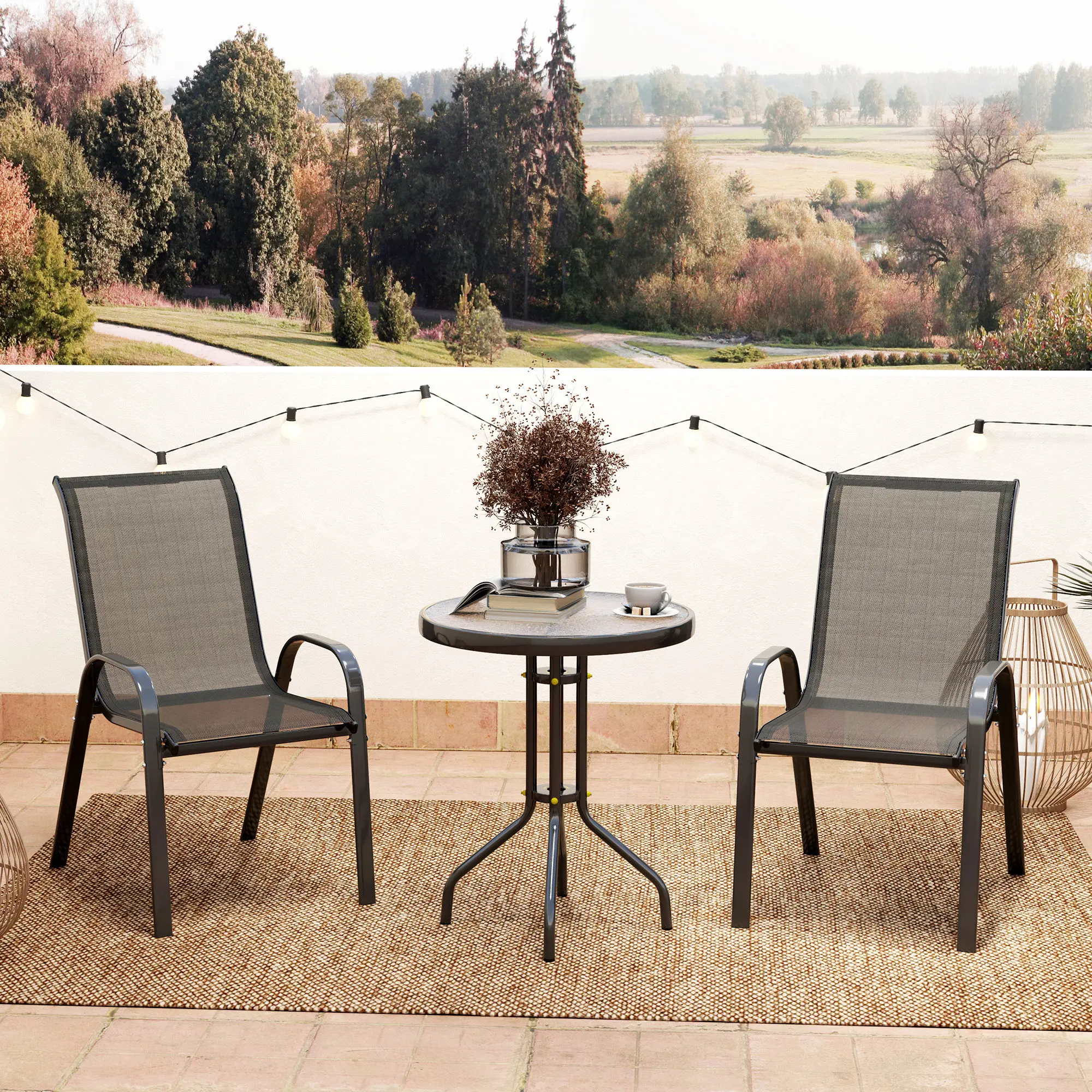 Outsunny Conjunto de Mesa y Sillas de Terraza Exterior de 3 Piezas, Muebles de Jardín Exterior con Sillas Apilables, Encimera de Vidrio y Estructura de Acero, para Patio, Negro