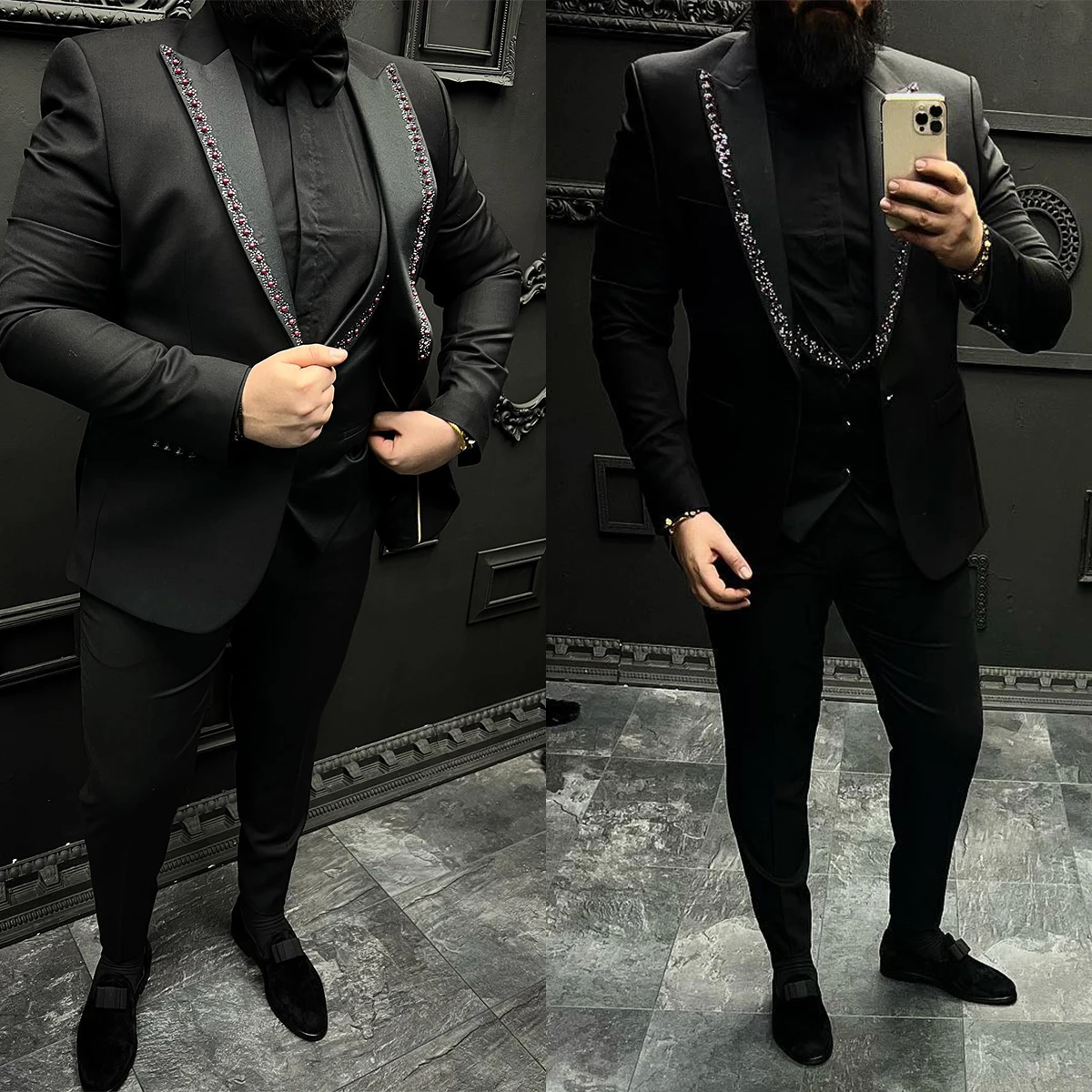 

Black Men's Suits Tailored 3 Pieces Blazer Veat Pants Peaked Lapel One Button Beaded Diamond Wedding Groom Custom Made Plus Size