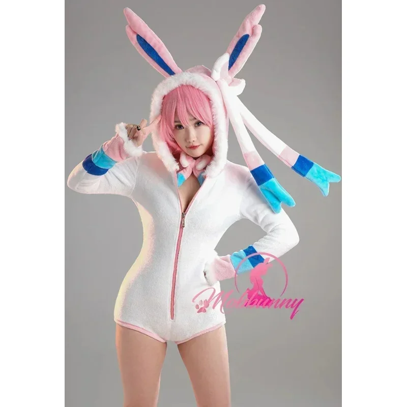 

Mobbunny PM Derivative Sexy Fluffy Hooded Bodysuit Deep V Kawaii One Piece Romper with Choker and Socks Cosplay Costume