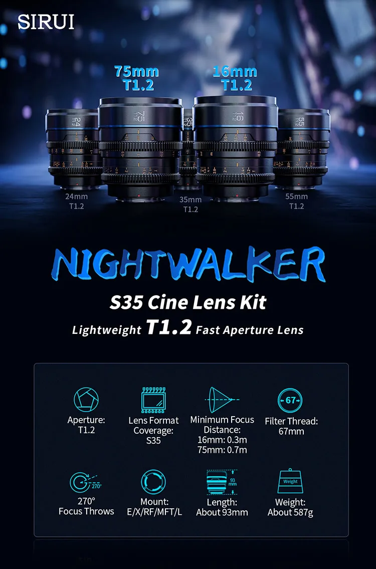 SIRUI Night Walker T1.2 S35 Cine-Objektiv 16mm, 24mm, 35mm, 55mm, 75mm Große Blendenöffnung Manuelles Fokus-Objektiv – Detail 1