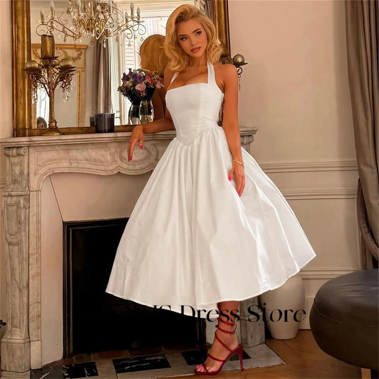 LAYXHS Sexy Vermelho Halter Vestidos de Noite Backless A Linha de Tule Chá-Comprimento Vestidos de Baile Formais Personalizados فساتmaveraات