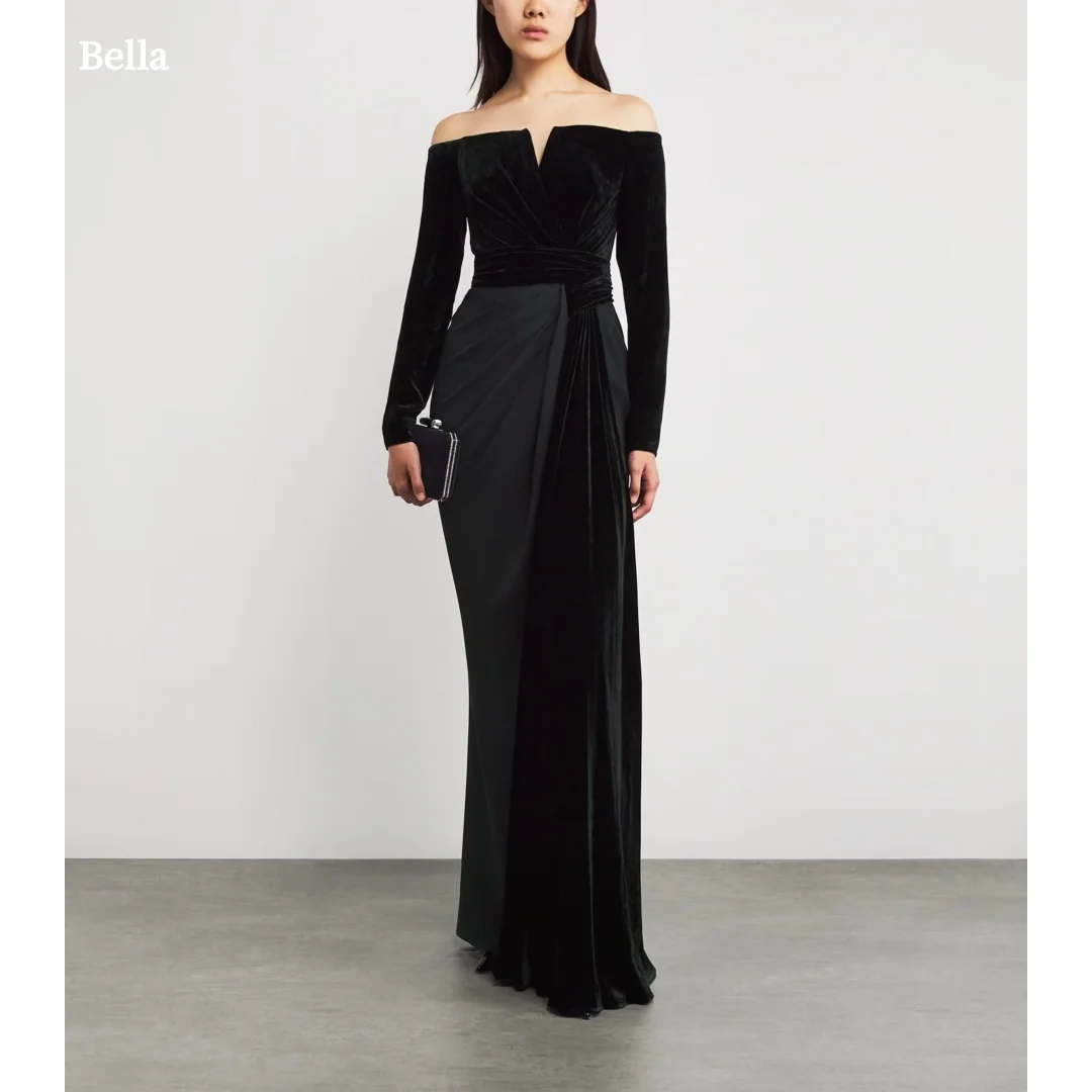 

Bella Customized Women Black Off Shoulder Long Sleeve Velvet Contrast Panel robes de soirée Long Gown Elegant Party Dresses 2025