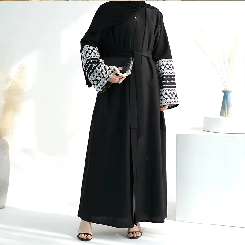 Fashion Embroidery Kimono Oversized Muslim Robe Abaya Syari Female Full Length Muslim Open Abaya Outwear Coat Robes With Belt